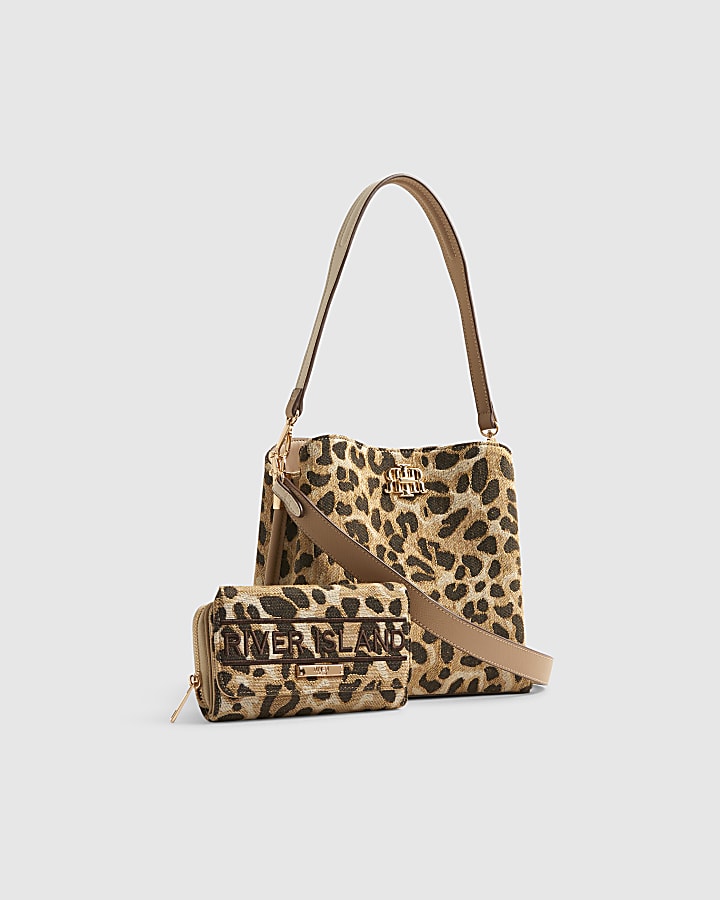 Beige RIR Leopard Jacquard Bucket Bag Bundle
