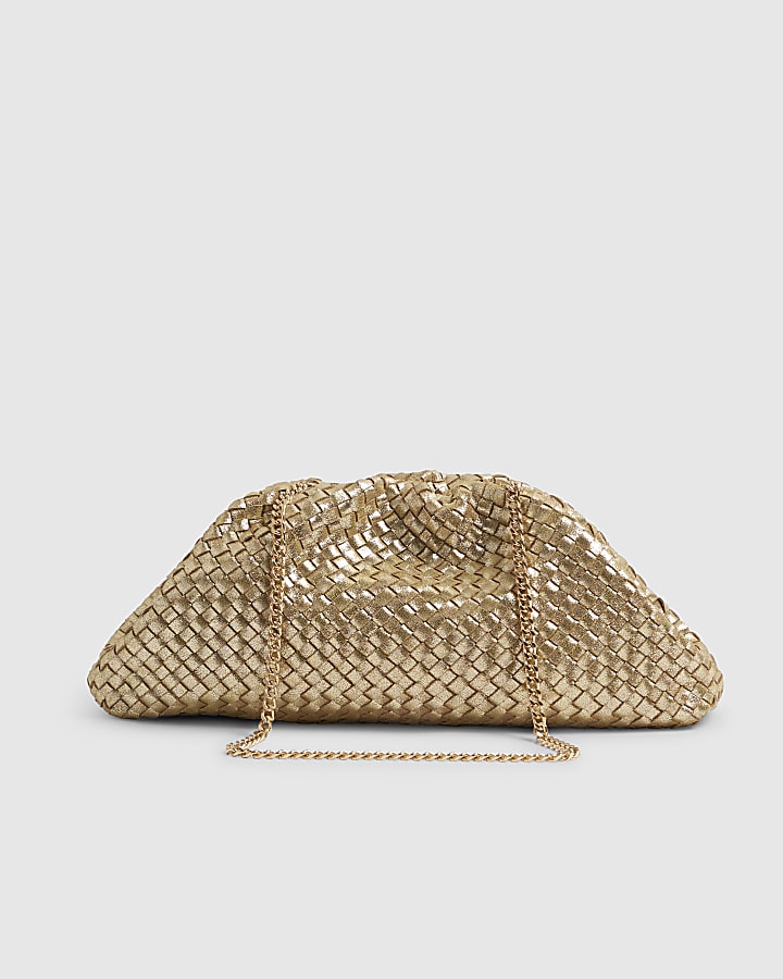 Gold Leather Ruched Woven Clutch Bag