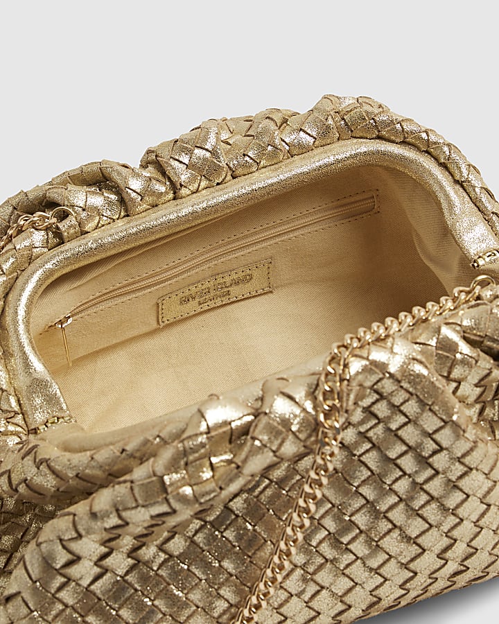 Gold Leather Ruched Woven Clutch Bag