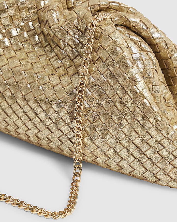 Gold Leather Ruched Woven Clutch Bag