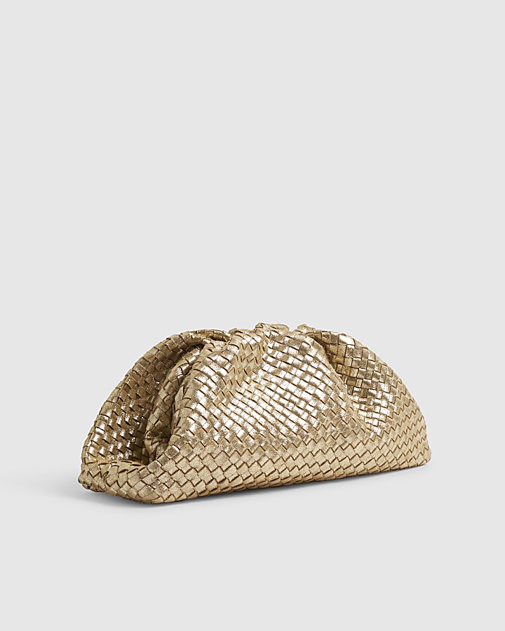 Gold Leather Ruched Woven Clutch Bag