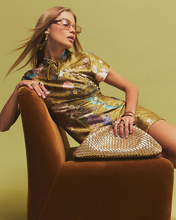 Gold Leather Ruched Woven Clutch Bag