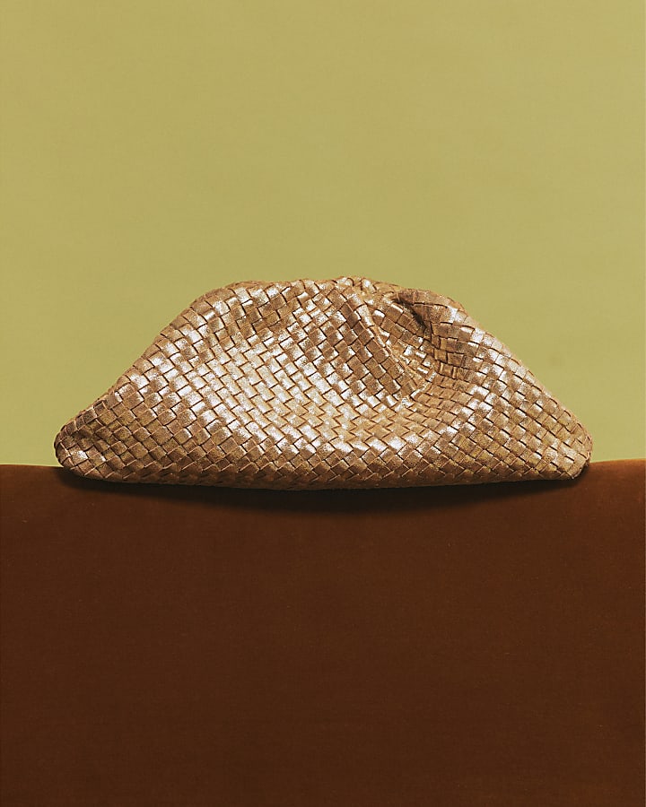 Gold Leather Ruched Woven Clutch Bag