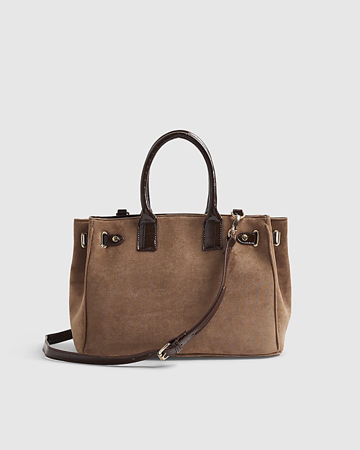 Beige Faux Suede Soft Lock Front Tote Bag