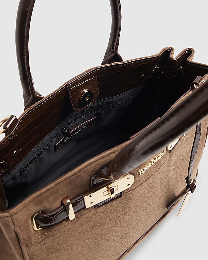 Beige Faux Suede Soft Lock Front Tote Bag