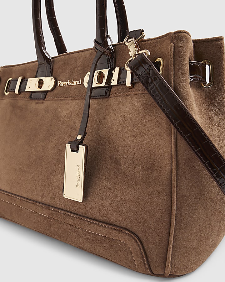 Beige Faux Suede Soft Lock Front Tote Bag