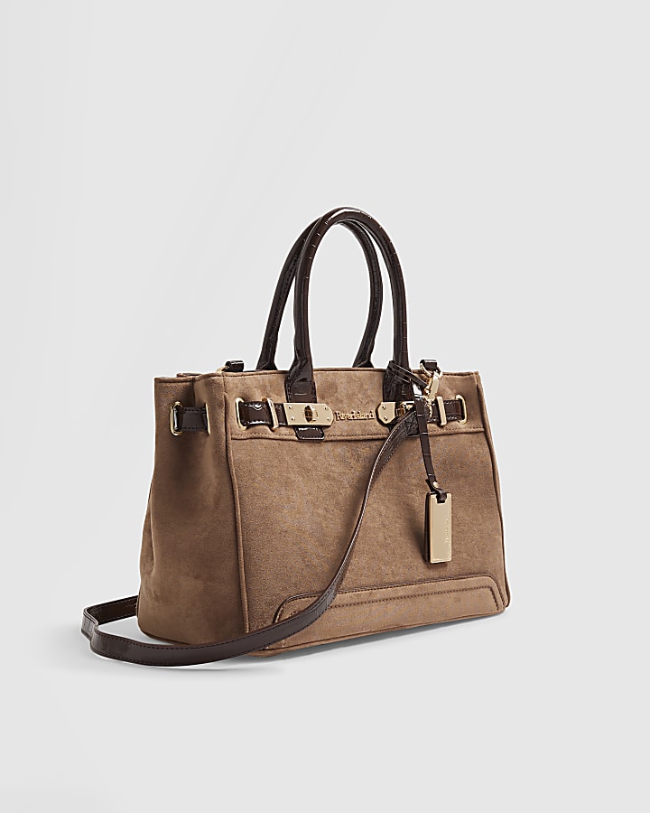 Beige Faux Suede Soft Lock Front Tote Bag