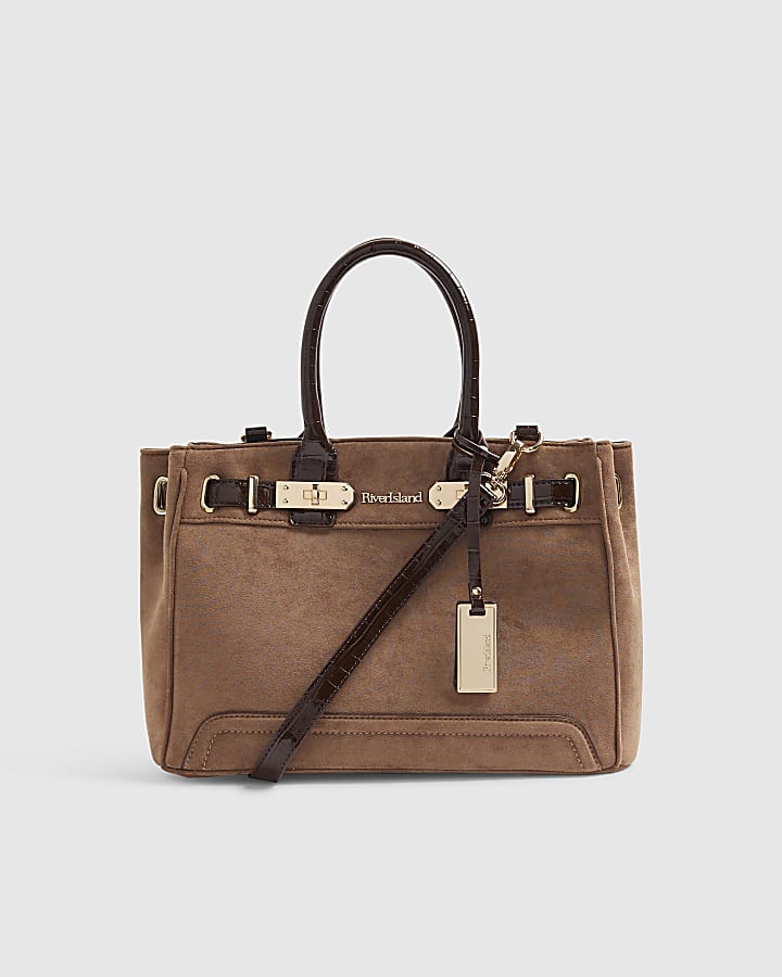 Beige Faux Suede Soft Lock Front Tote Bag