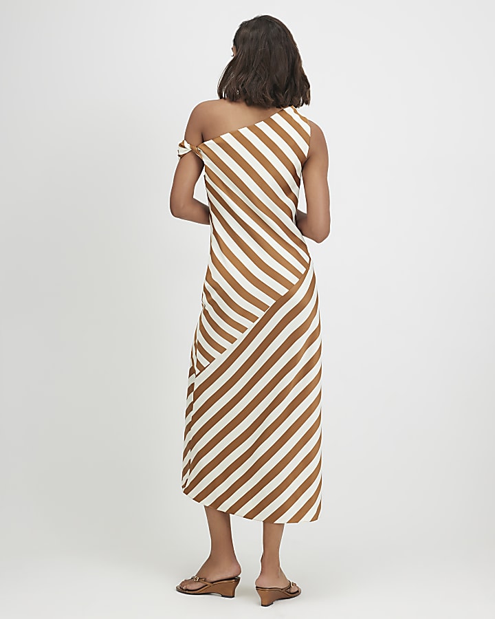 Cream Stripe Satin Asymmetric Midi Dress
