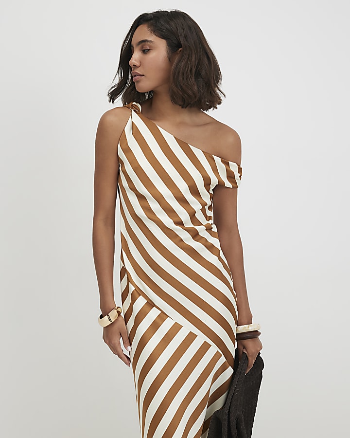 Cream Stripe Satin Asymmetric Midi Dress