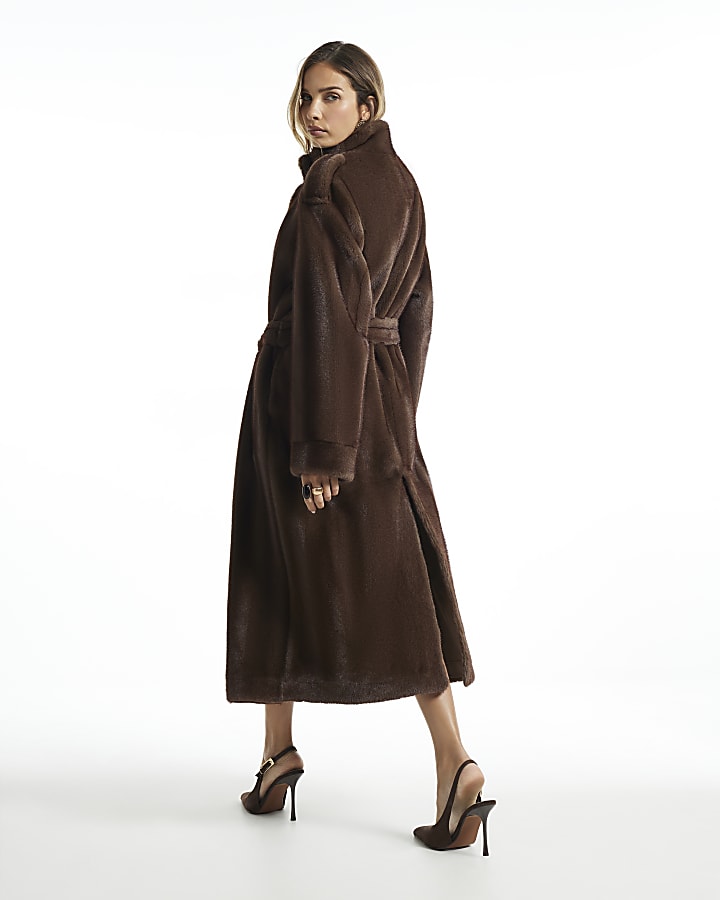 Brown Faux Fur Belted Robe Coat