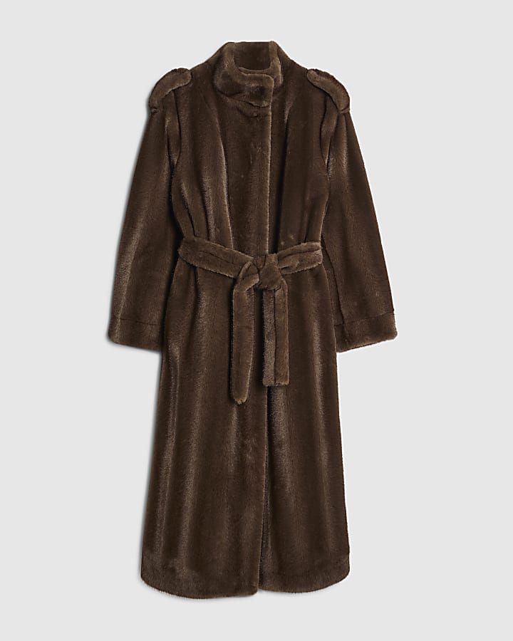 Brown Faux Fur Belted Robe Coat