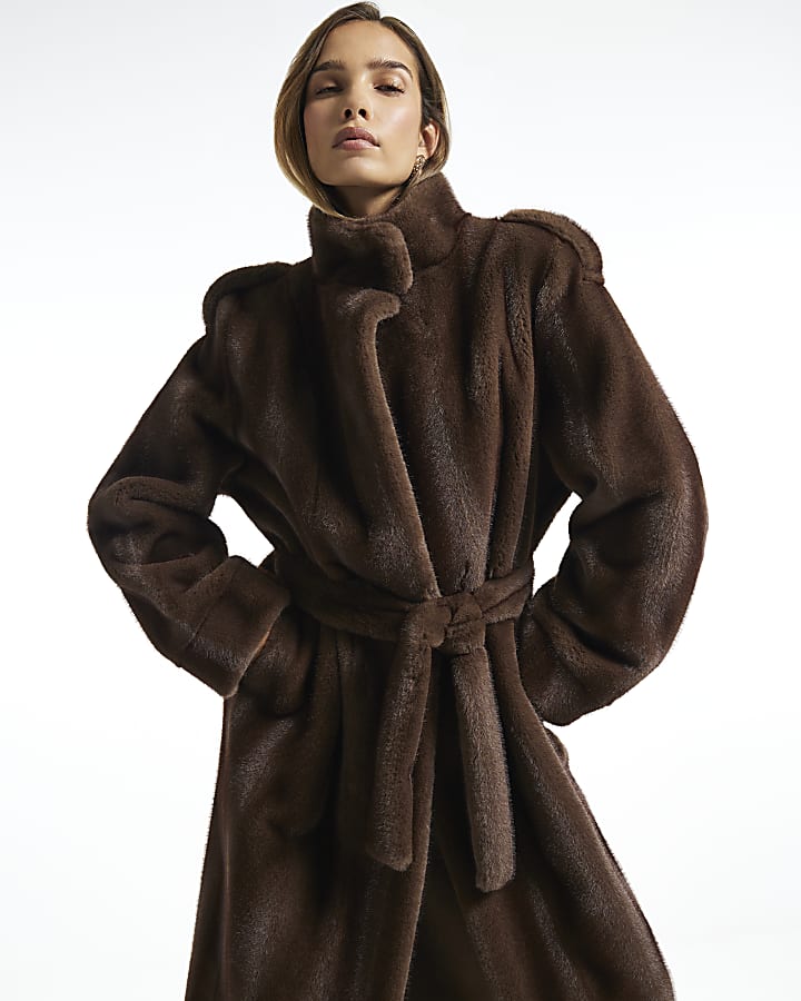 Brown Faux Fur Belted Robe Coat