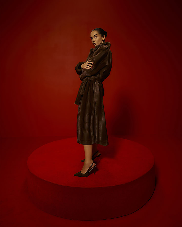 Brown Faux Fur Belted Robe Coat