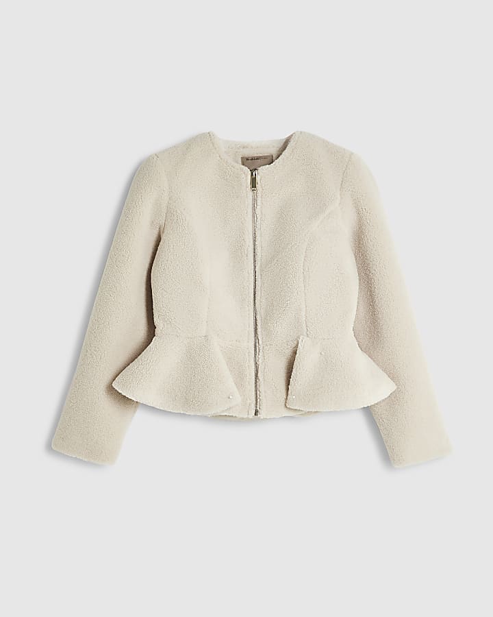 Petite Cream Collarless Borg Peplum Jacket