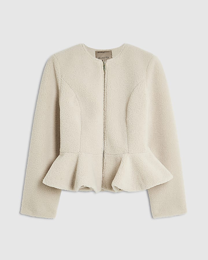 Cream Collarless Borg Peplum Jacket