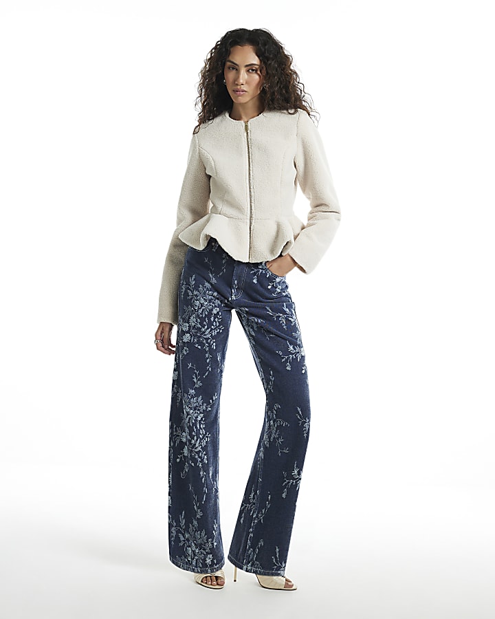 Cream Collarless Borg Peplum Jacket