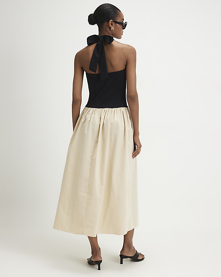 Beige Racer Neck Hybrid Midi Dress