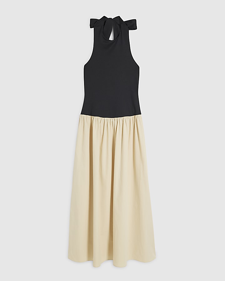 Beige Racer Neck Hybrid Midi Dress