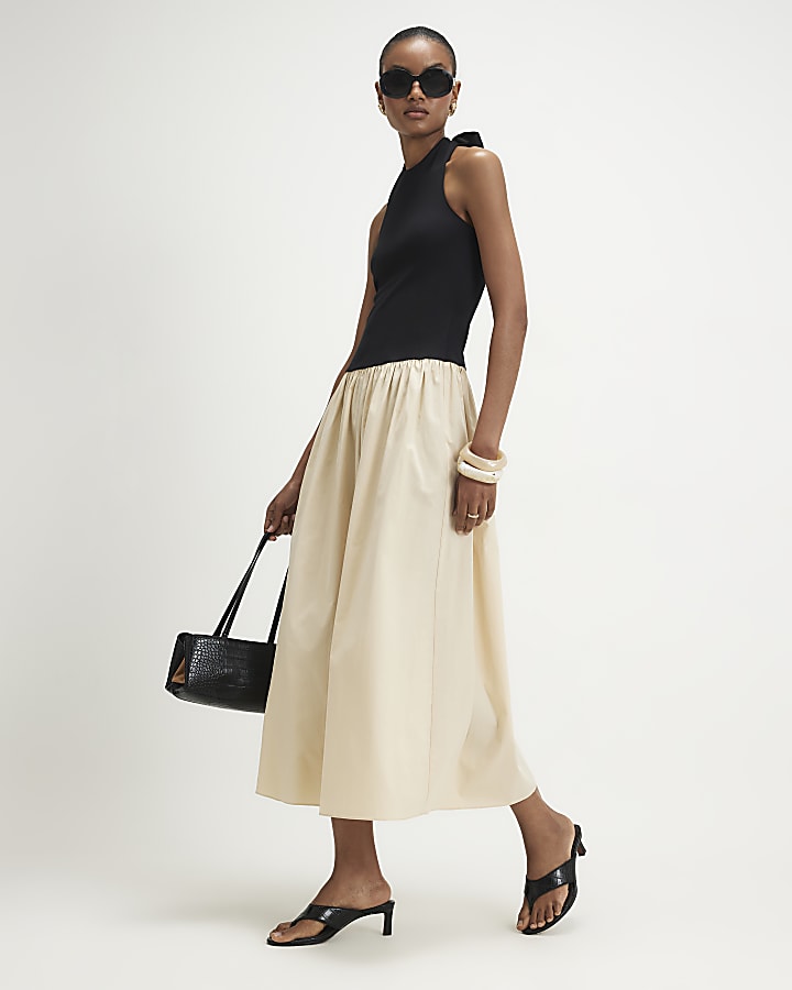 Beige Racer Neck Hybrid Midi Dress