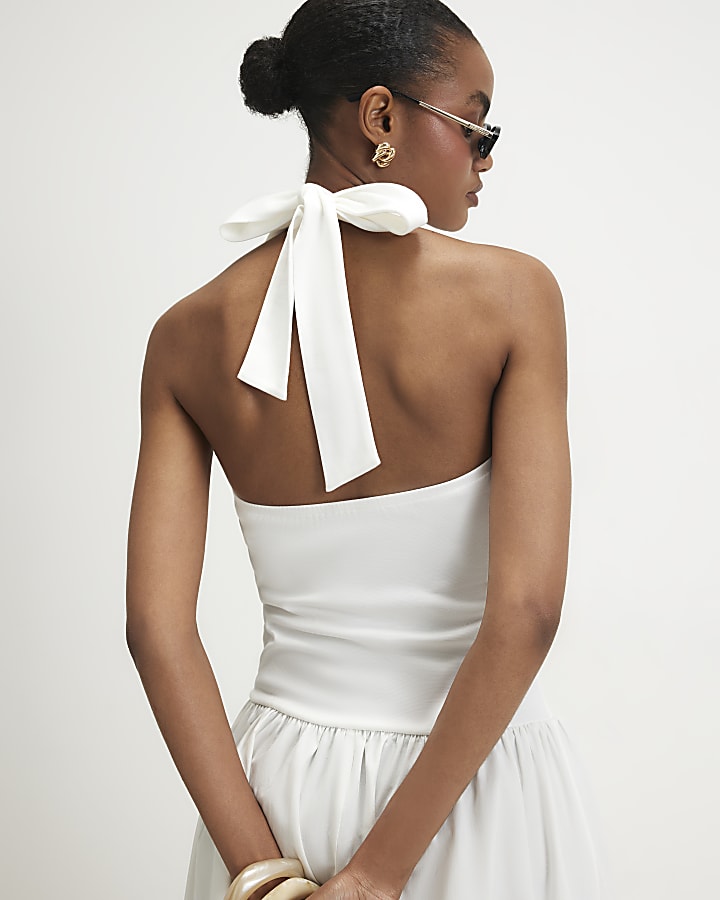 White Racer Neck Hybrid Midi Dress