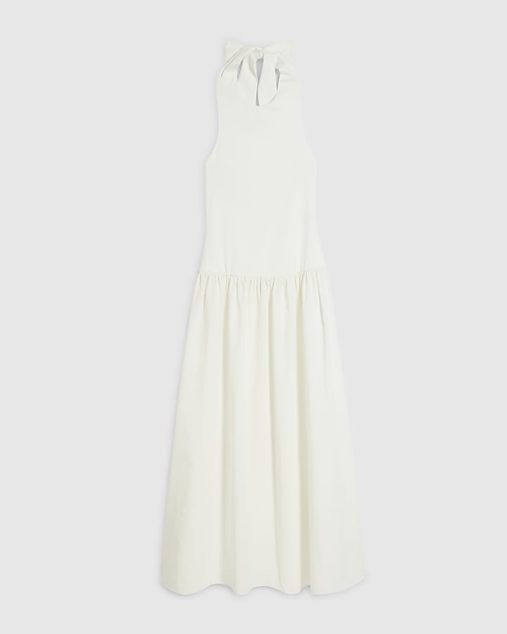 White Racer Neck Hybrid Midi Dress