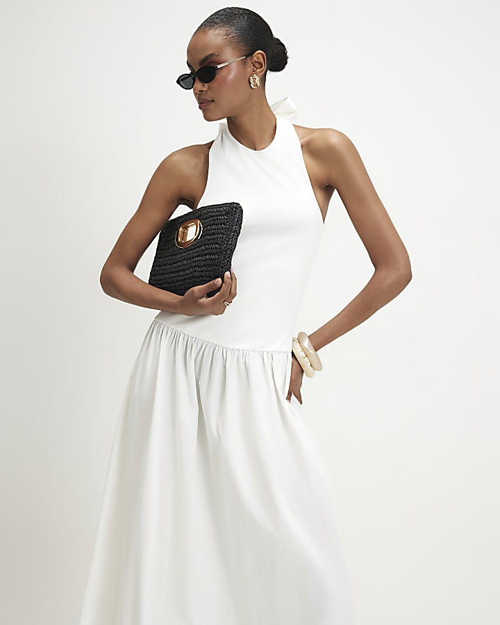 White Racer Neck Hybrid Midi Dress