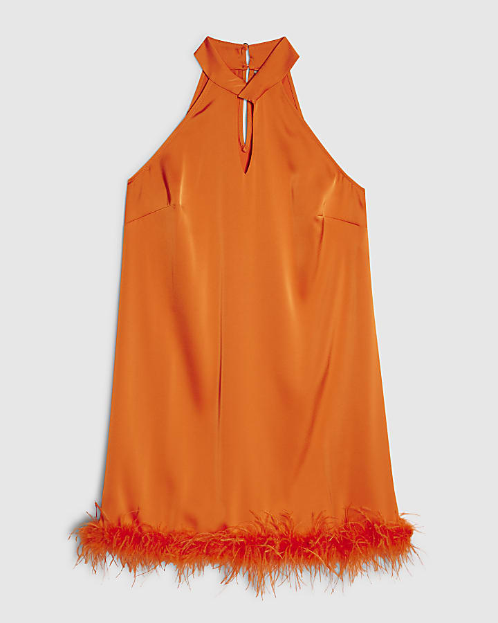 Orange Satin Feather Trim Mini Shift Dress