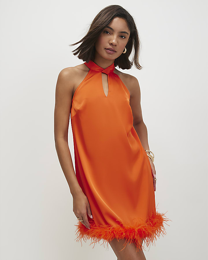 Orange Satin Feather Trim Mini Shift Dress