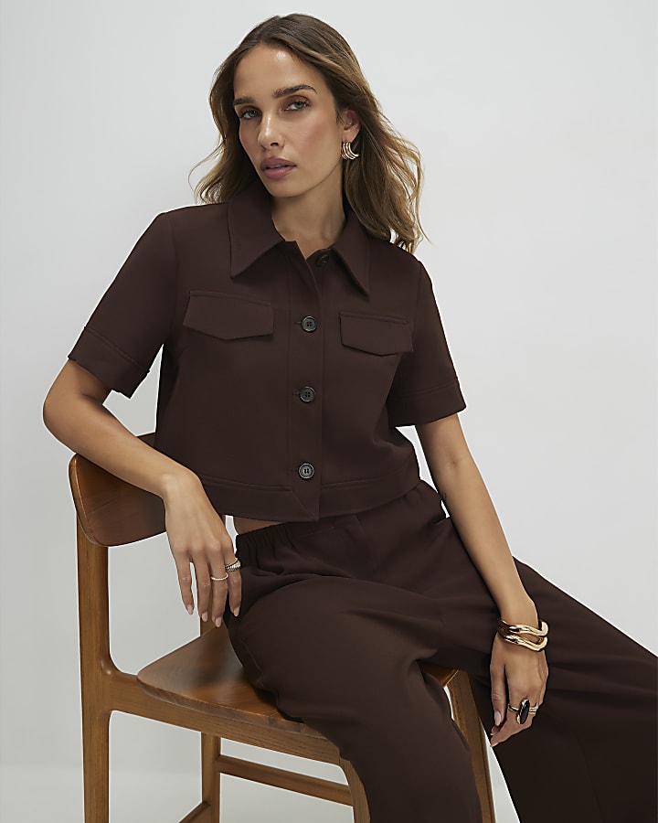 Brown Short Sleeve Cropped Jacket