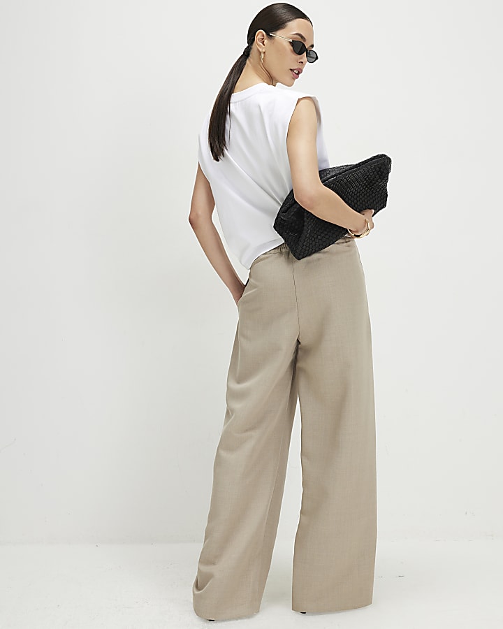 Beige Wide Leg Trousers