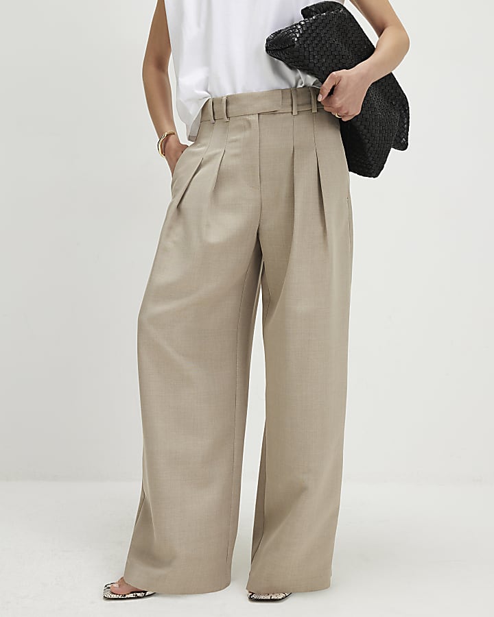 Beige Wide Leg Trousers