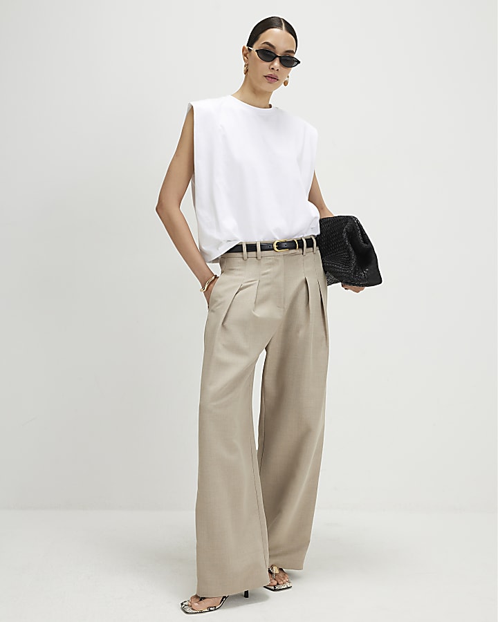 Beige Wide Leg Trousers