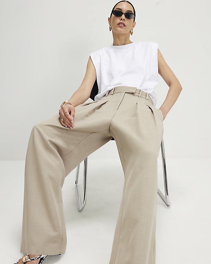 Beige Wide Leg Trousers
