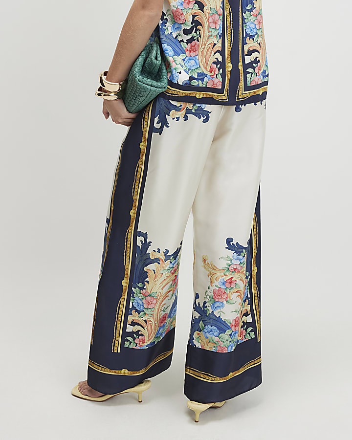 Blue Chain Print Floral Wide Leg Trousers