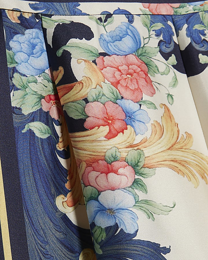 Blue Chain Print Floral Wide Leg Trousers