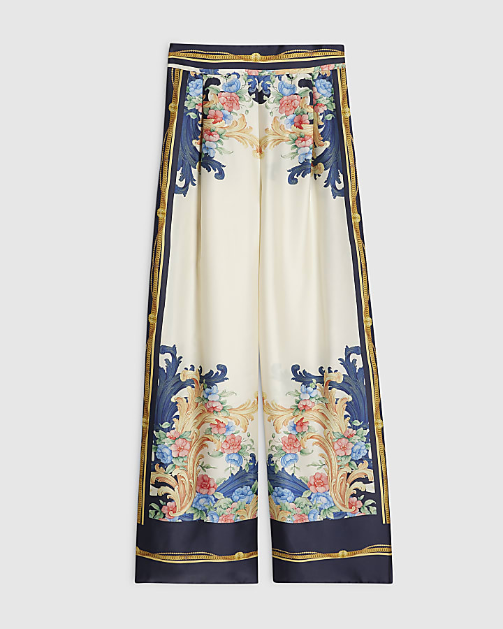 Blue Chain Print Floral Wide Leg Trousers