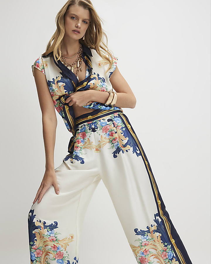 Blue Chain Print Floral Wide Leg Trousers