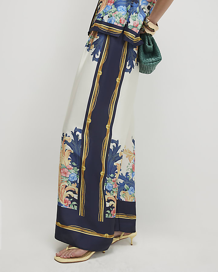 Blue Chain Print Floral Wide Leg Trousers