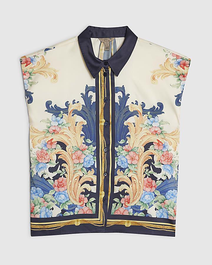 Petite Cream Satin Printed Boxy Shirt