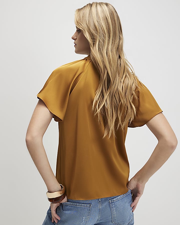 Brown Satin Angel Sleeve Twist Front Top