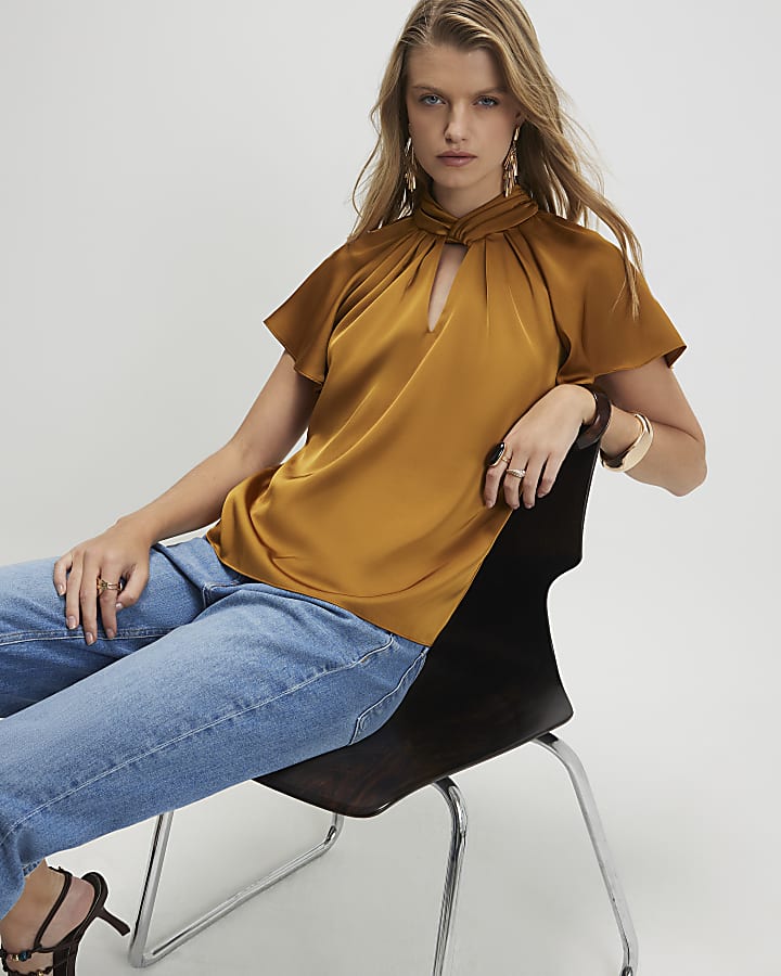 Brown Satin Angel Sleeve Twist Front Top
