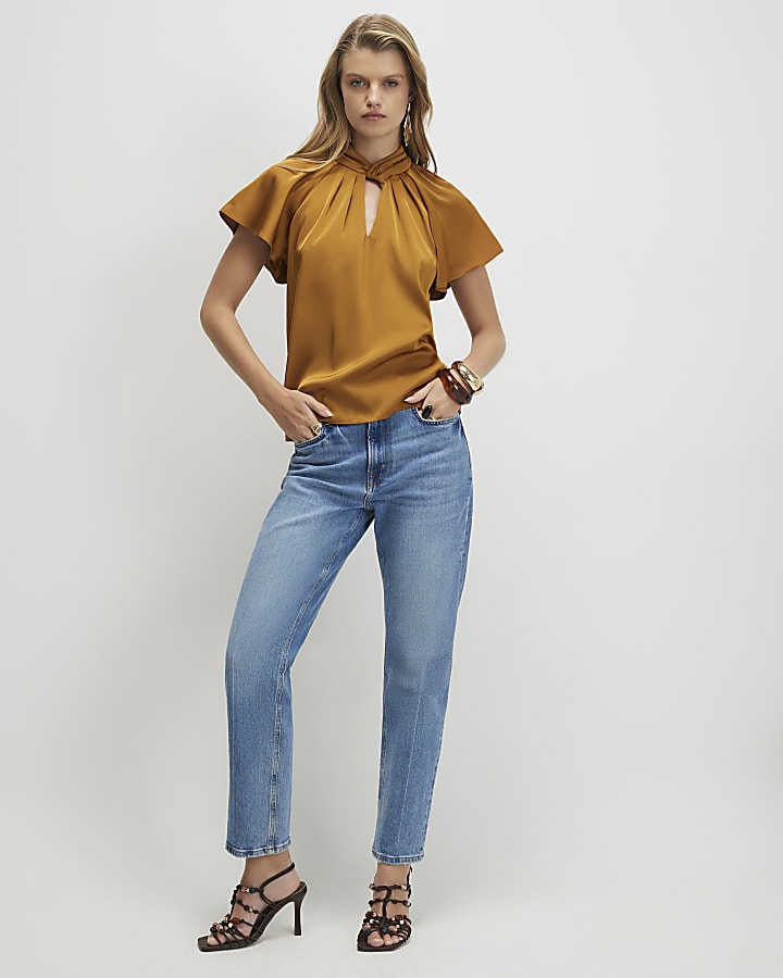 Brown Satin Angel Sleeve Twist Front Top