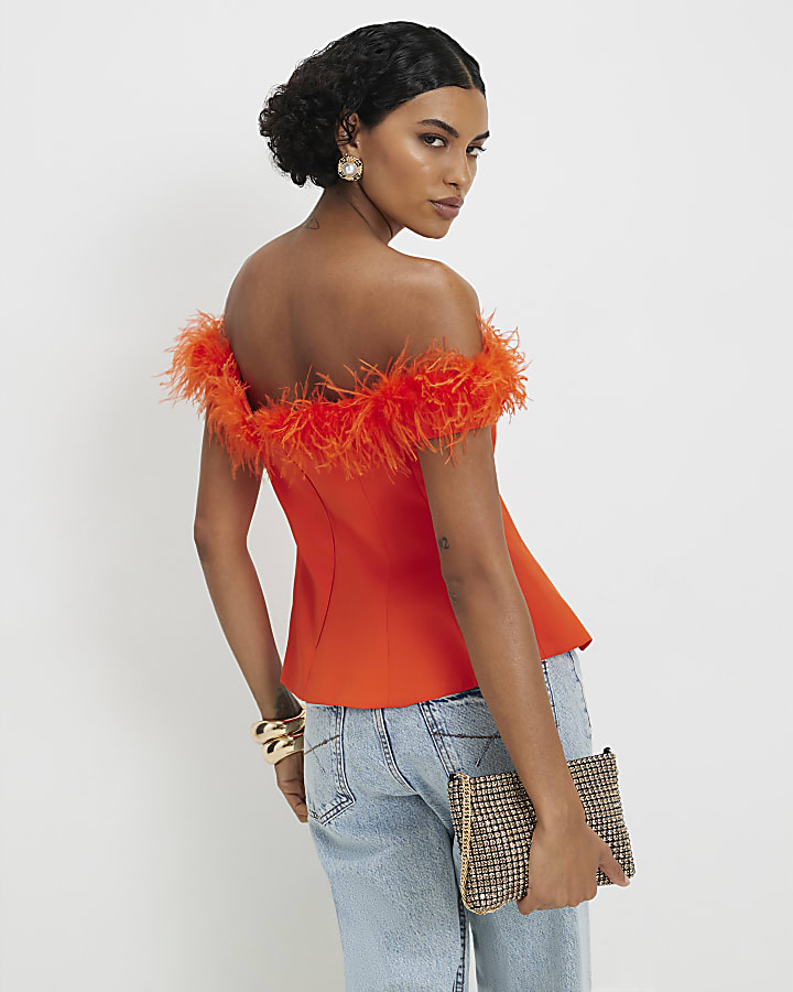 Orange Satin Bardot Feather Trim Corset Top