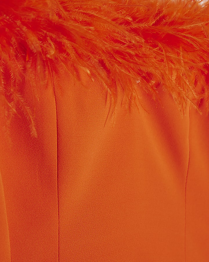 Orange Satin Bardot Feather Trim Corset Top