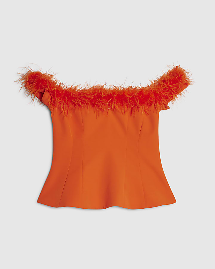 Orange Satin Bardot Feather Trim Corset Top