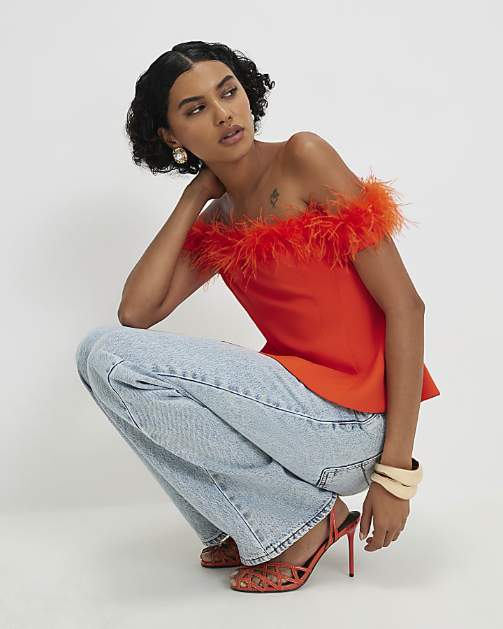 Orange Satin Bardot Feather Trim Corset Top