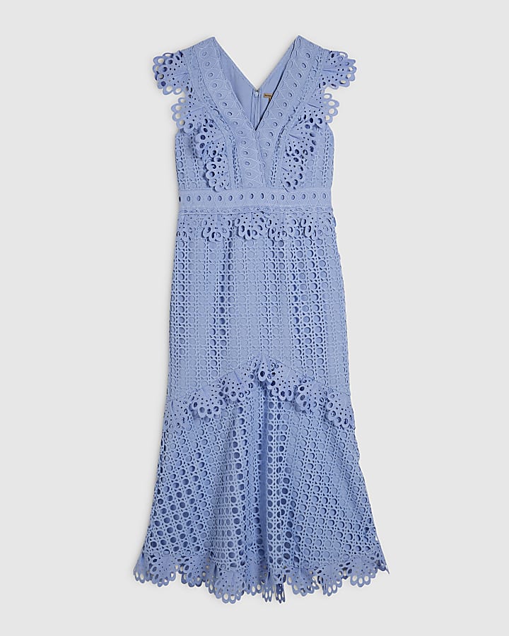 Blue Broderie Midi Dress