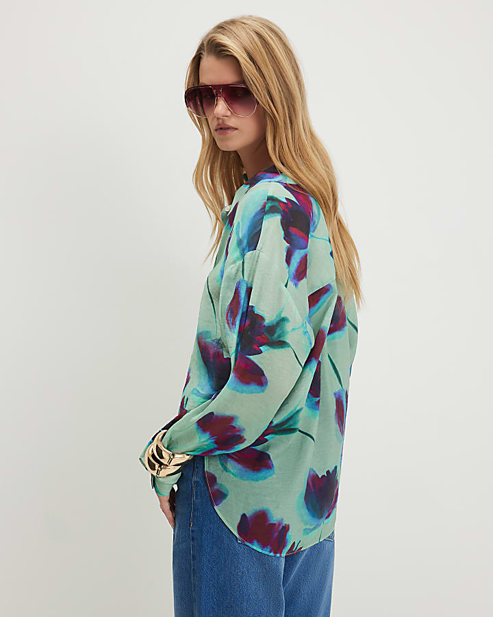 Blue Floral Long Sleeve Blouse