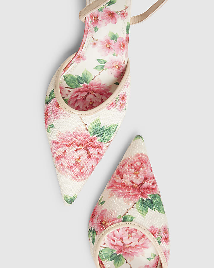 Pink Floral Diamante Slingback Court Heels